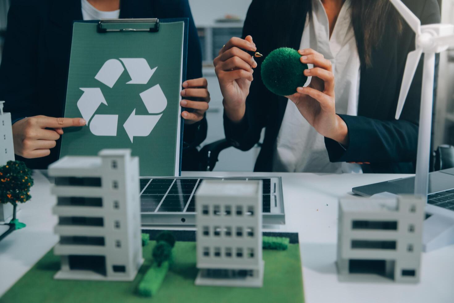 Carbon offset price report CO2 emission. Future growth Net zero waste in ESG ethical SME office protect climate change global warming social issues project. Group of asia people Eco friendly SDGs plan photo