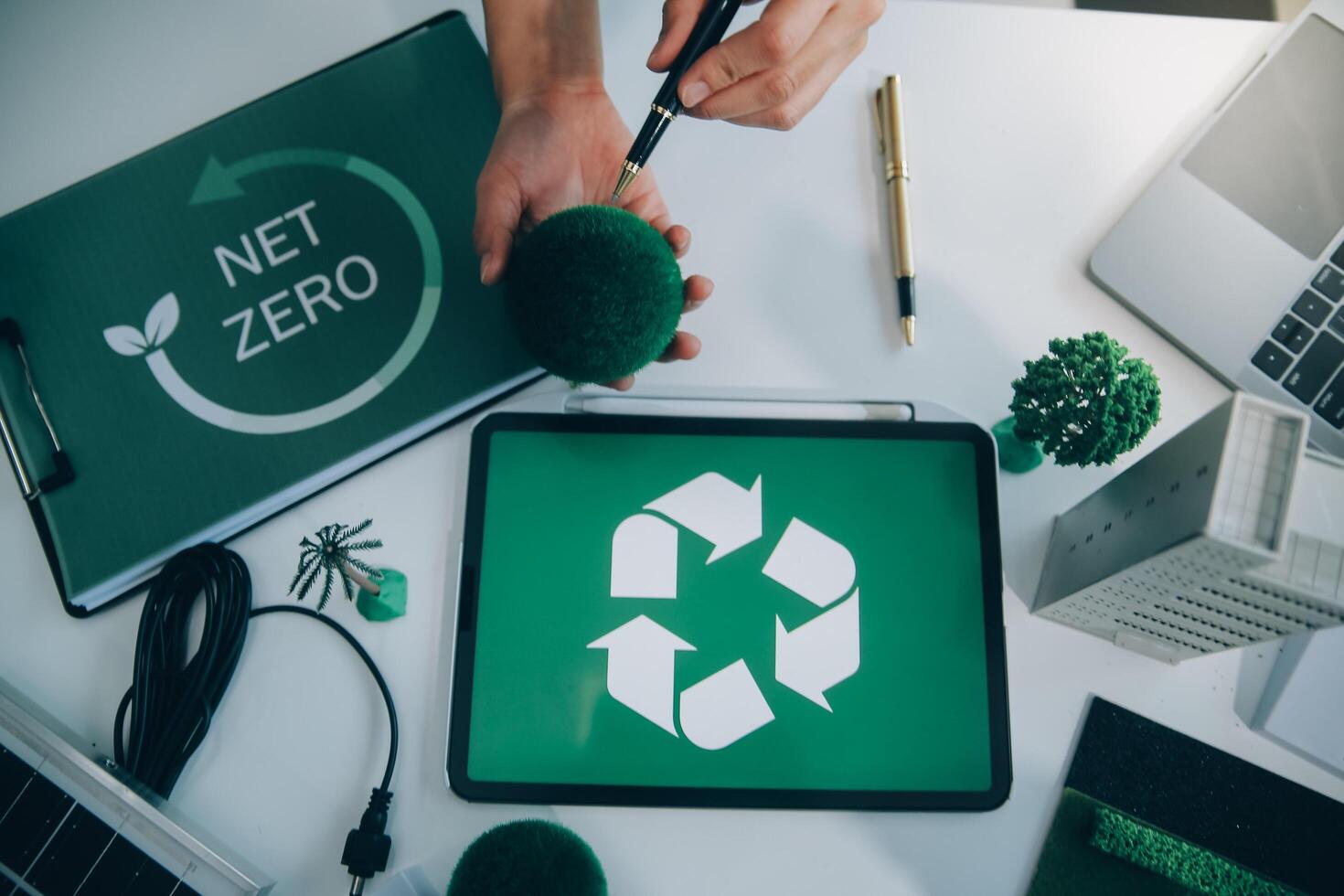 Carbon offset price report CO2 emission. Future growth Net zero waste in ESG ethical SME office protect climate change global warming social issues project. Group of asia people Eco friendly SDGs plan photo
