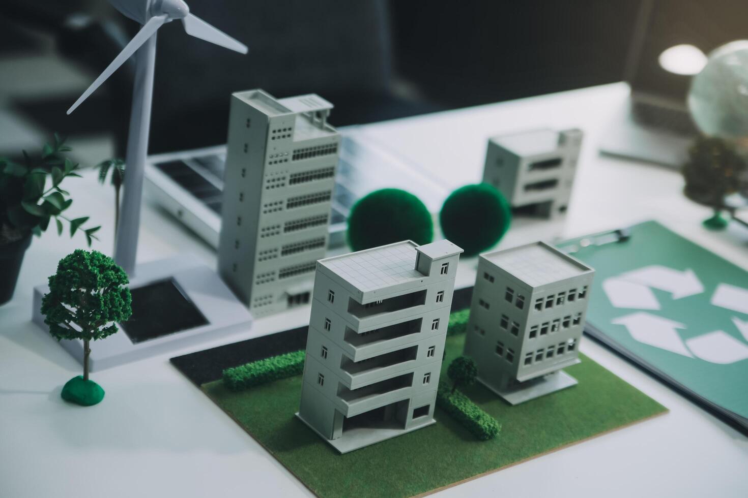 Carbon offset price report CO2 emission. Future growth Net zero waste in ESG ethical SME office protect climate change global warming social issues project. Group of asia people Eco friendly SDGs plan photo