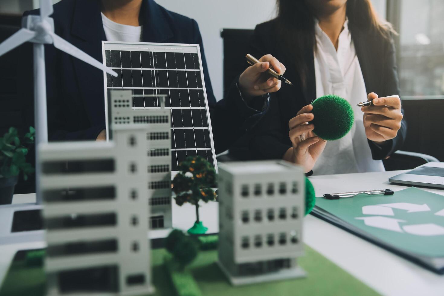 Carbon offset price report CO2 emission. Future growth Net zero waste in ESG ethical SME office protect climate change global warming social issues project. Group of asia people Eco friendly SDGs plan photo