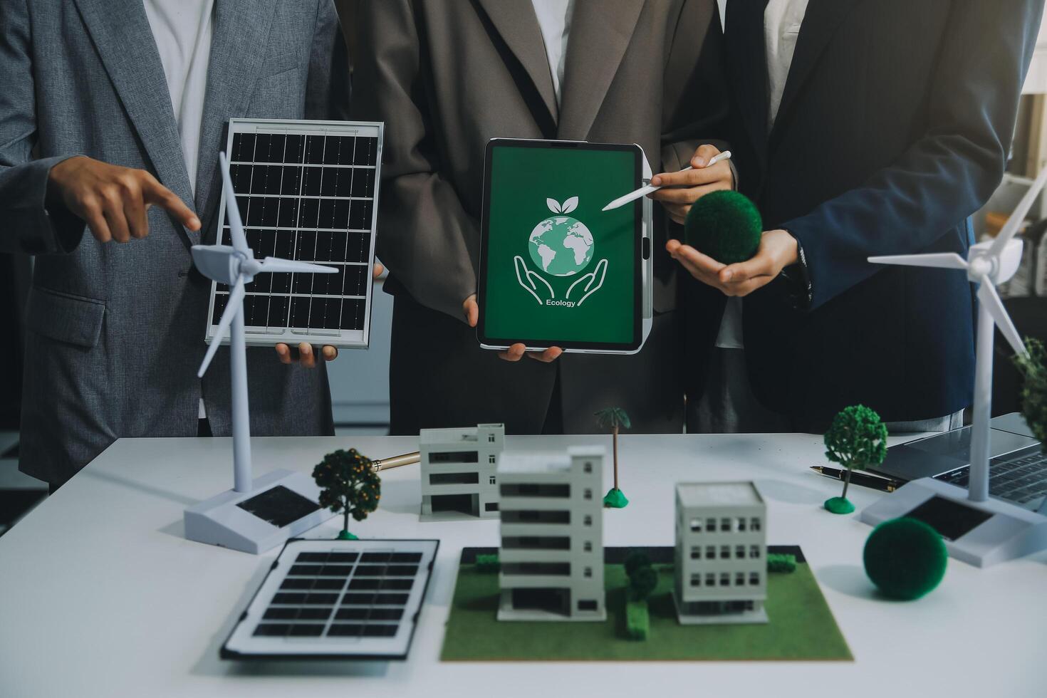 Carbon offset price report CO2 emission. Future growth Net zero waste in ESG ethical SME office protect climate change global warming social issues project. Group of asia people Eco friendly SDGs plan photo