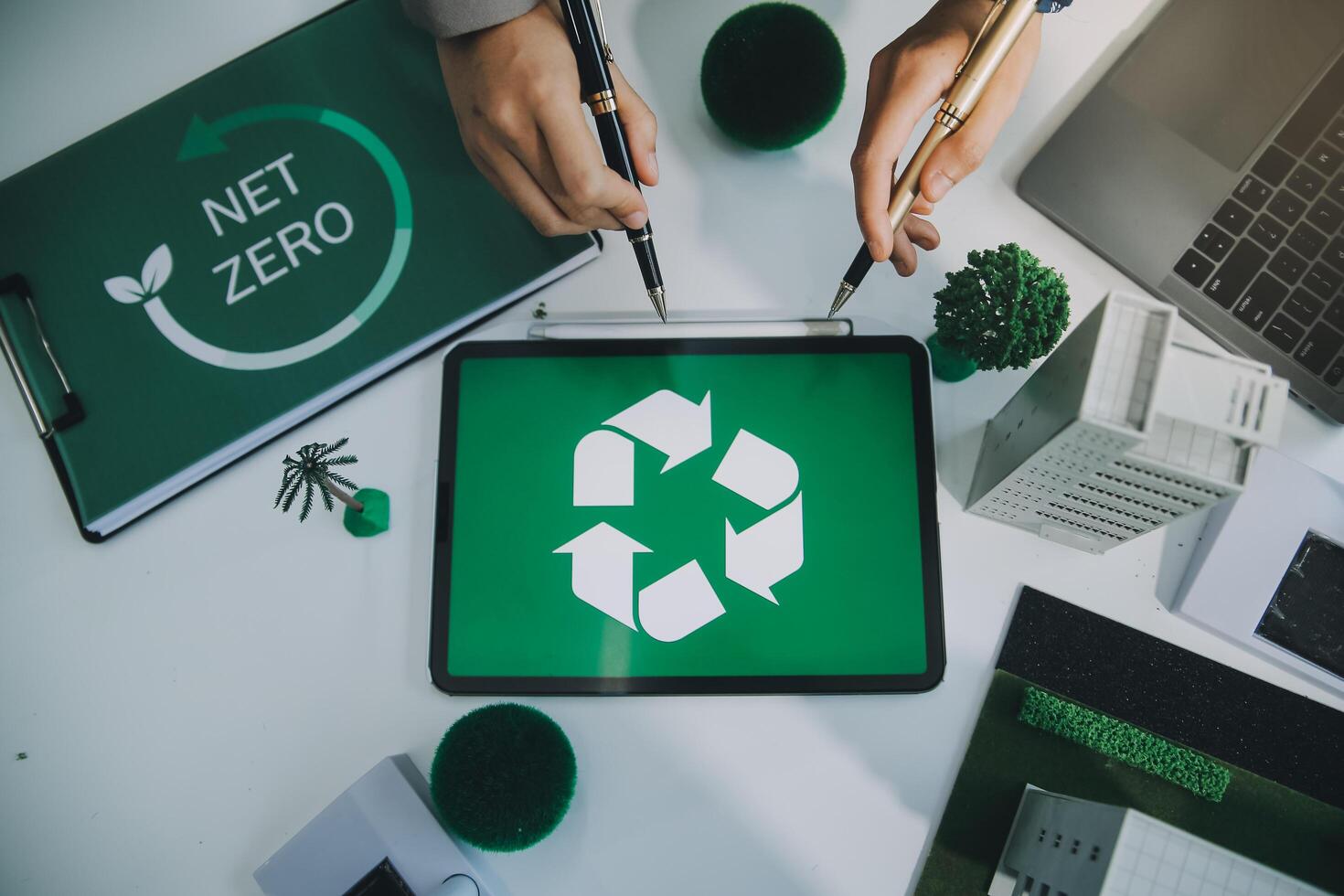Carbon offset price report CO2 emission. Future growth Net zero waste in ESG ethical SME office protect climate change global warming social issues project. Group of asia people Eco friendly SDGs plan photo
