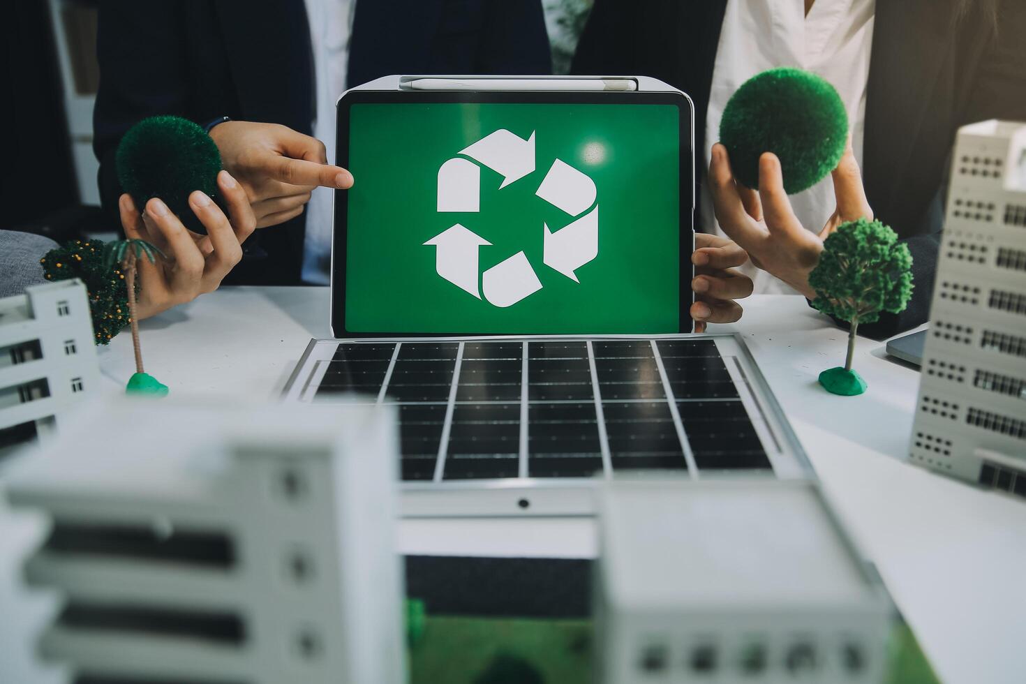 Carbon offset price report CO2 emission. Future growth Net zero waste in ESG ethical SME office protect climate change global warming social issues project. Group of asia people Eco friendly SDGs plan photo
