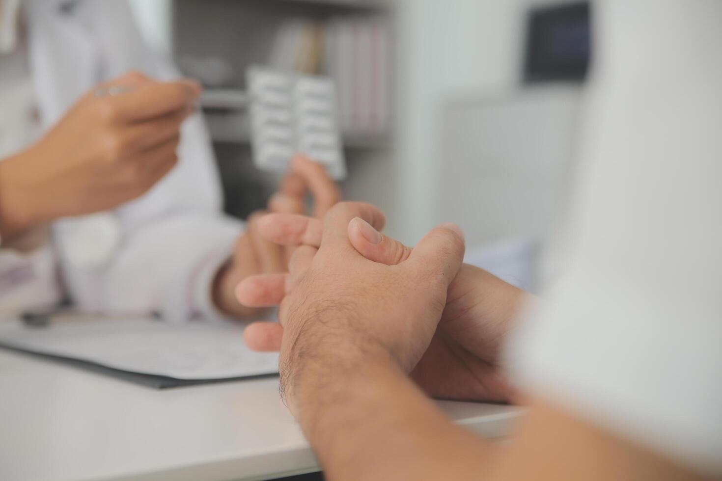 Healthcare service and pharmacy worker with customer at store counter for medication explanation. Pharmaceutical advice and opinion of pharmacist helping girl with medicine information. photo