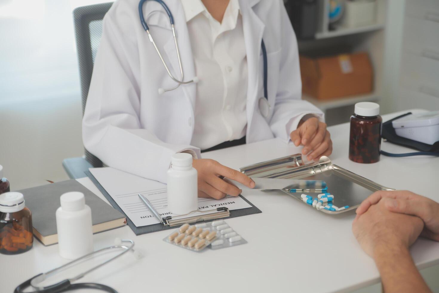 Healthcare service and pharmacy worker with customer at store counter for medication explanation. Pharmaceutical advice and opinion of pharmacist helping girl with medicine information. photo