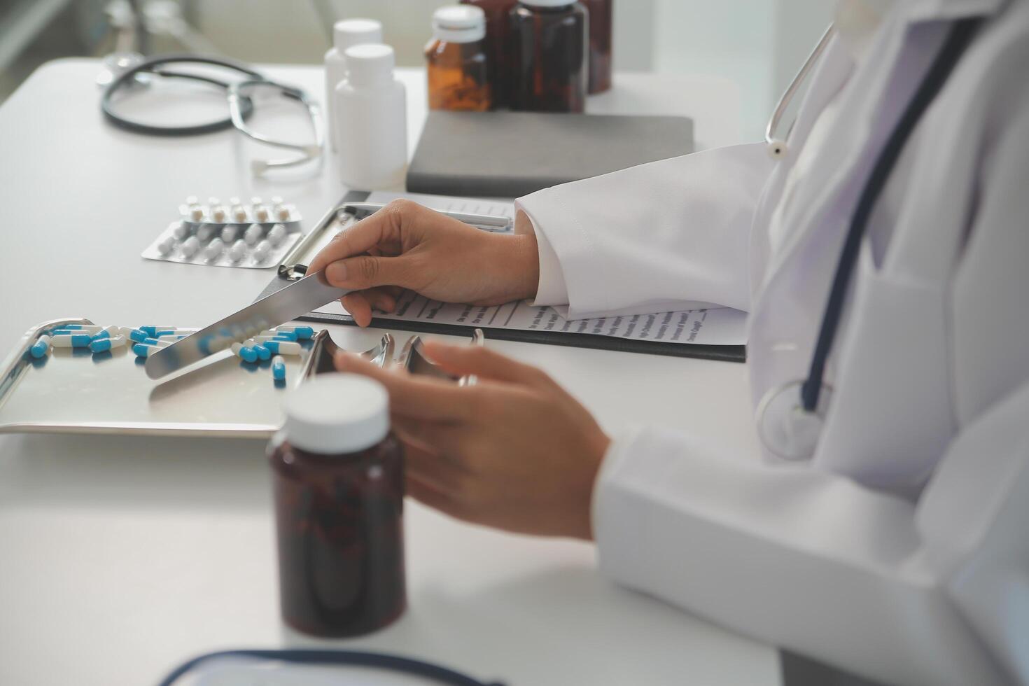 Healthcare service and pharmacy worker with customer at store counter for medication explanation. Pharmaceutical advice and opinion of pharmacist helping girl with medicine information. photo