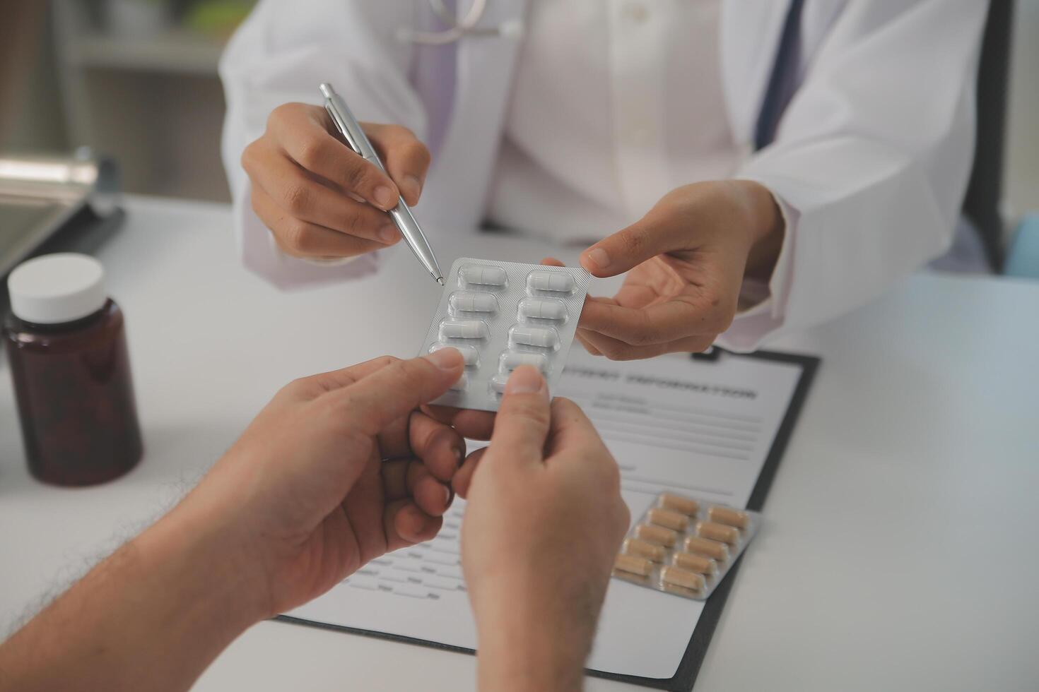 Healthcare service and pharmacy worker with customer at store counter for medication explanation. Pharmaceutical advice and opinion of pharmacist helping girl with medicine information. photo