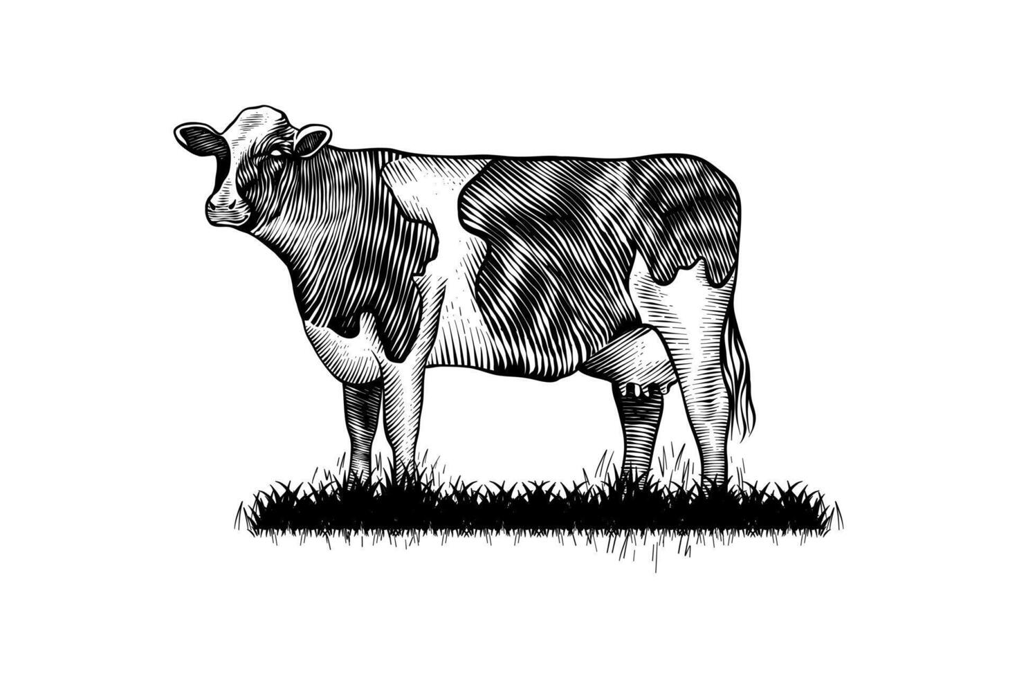dairy cow vector illustration in engraving style