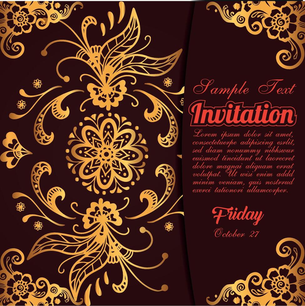 Luxury wedding invitation card template  Abstract background with antique, luxury red and gold vintage frame, victorian banner, damask floral wallpaper ornament, invitation card, baroque style booklet vector