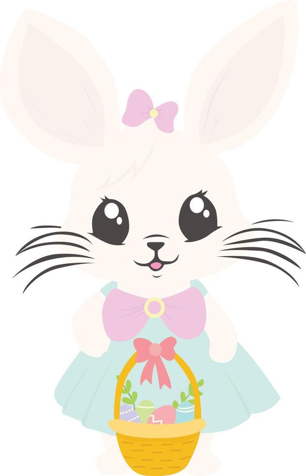 Cute easter rabbit girl with basket. Easter bunny rabbits and pastel Easter eggs. PrintVector illustration with cute rabbit girl for greeting card, invitation, t-shirt design. vector