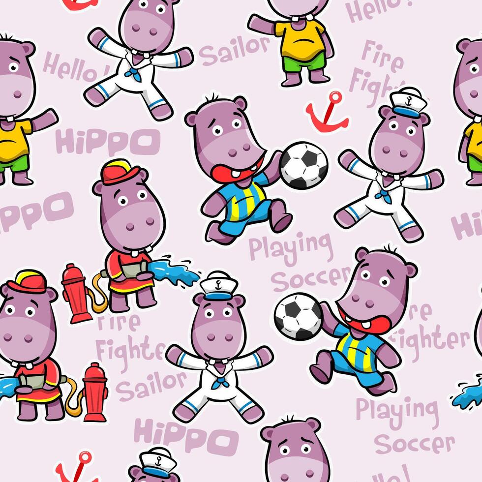 Hippopotamus vector seamless pattern. Cute animal cartoon character