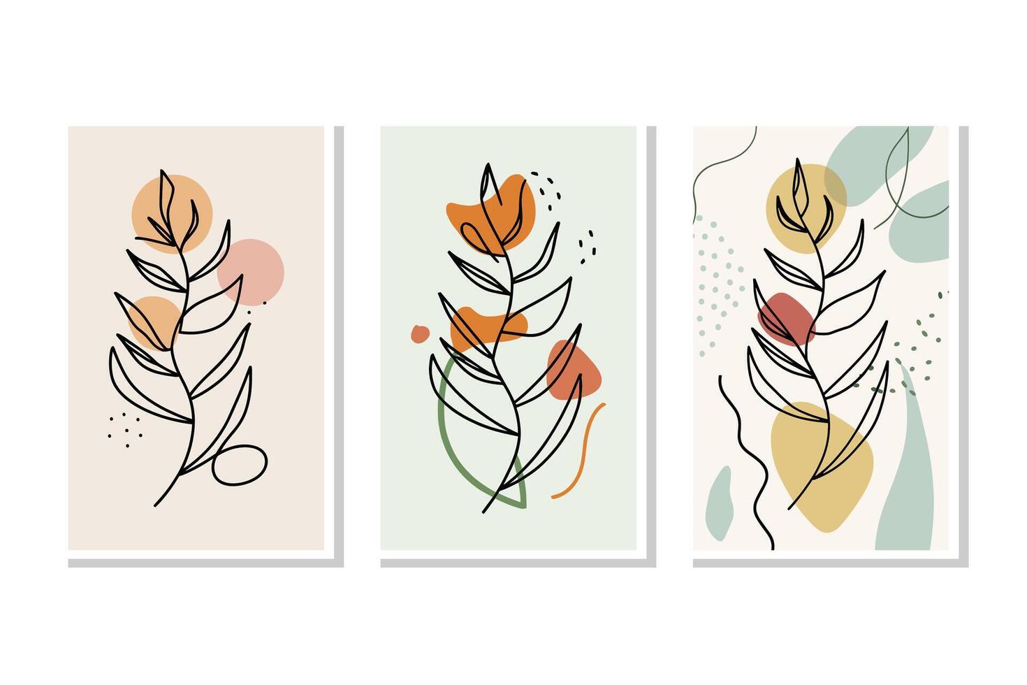 Botanical wall art vector set. Foliage line art drawing with abstract shape