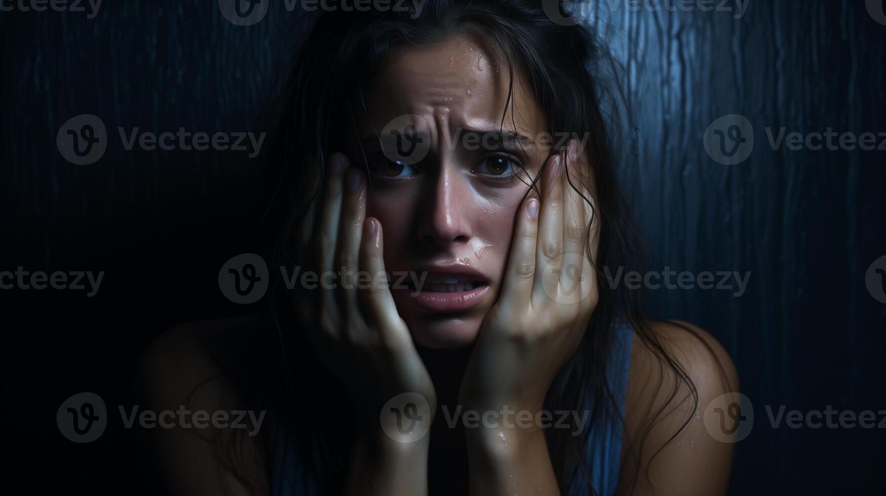 AI generated Distressed young woman with hands on face, tears, and raindrops. Emotional distress concept in low key lighting for design and print. photo