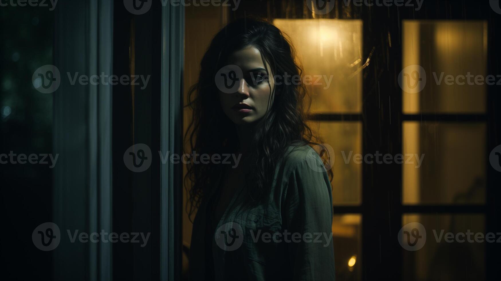AI generated Moody scene with whispers symbolizing intrusive thoughts. Portrait of a woman by a window with a contemplative look, rainy background. photo
