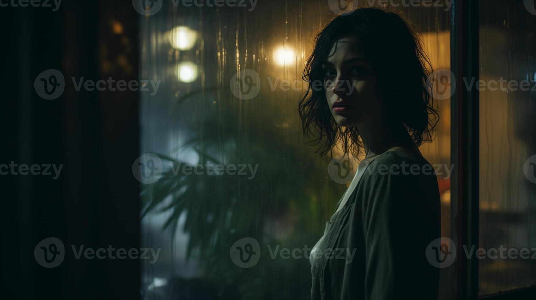 AI generated Woman looking pensively out of a rainy window, a moment of solitude and reflection, with a moody and introspective atmosphere. photo