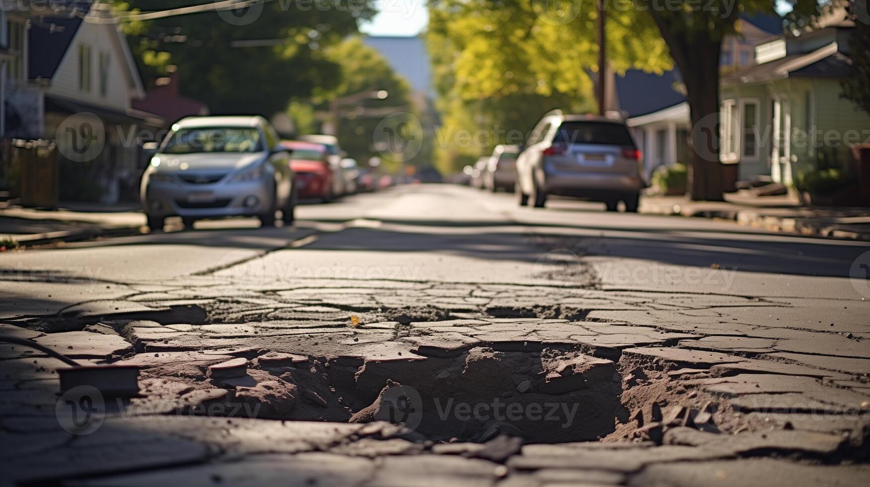 AI generated A blurred view of a residential street with foreground focus on a damaged and neglected asphalt road. photo