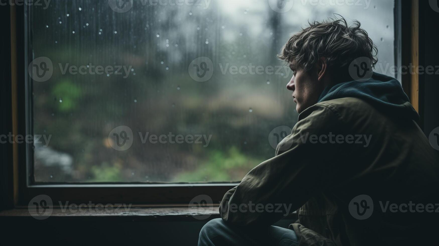 AI generated Man sitting by a window on a rainy day, looking out with a thoughtful expression. photo