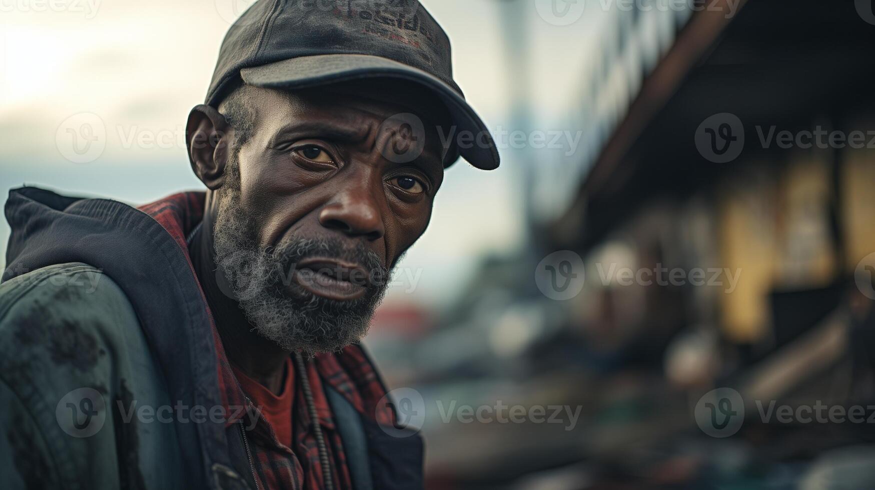 AI generated Contemplative senior man in urban setting. Emotional portrait capturing life experiences and survival. photo
