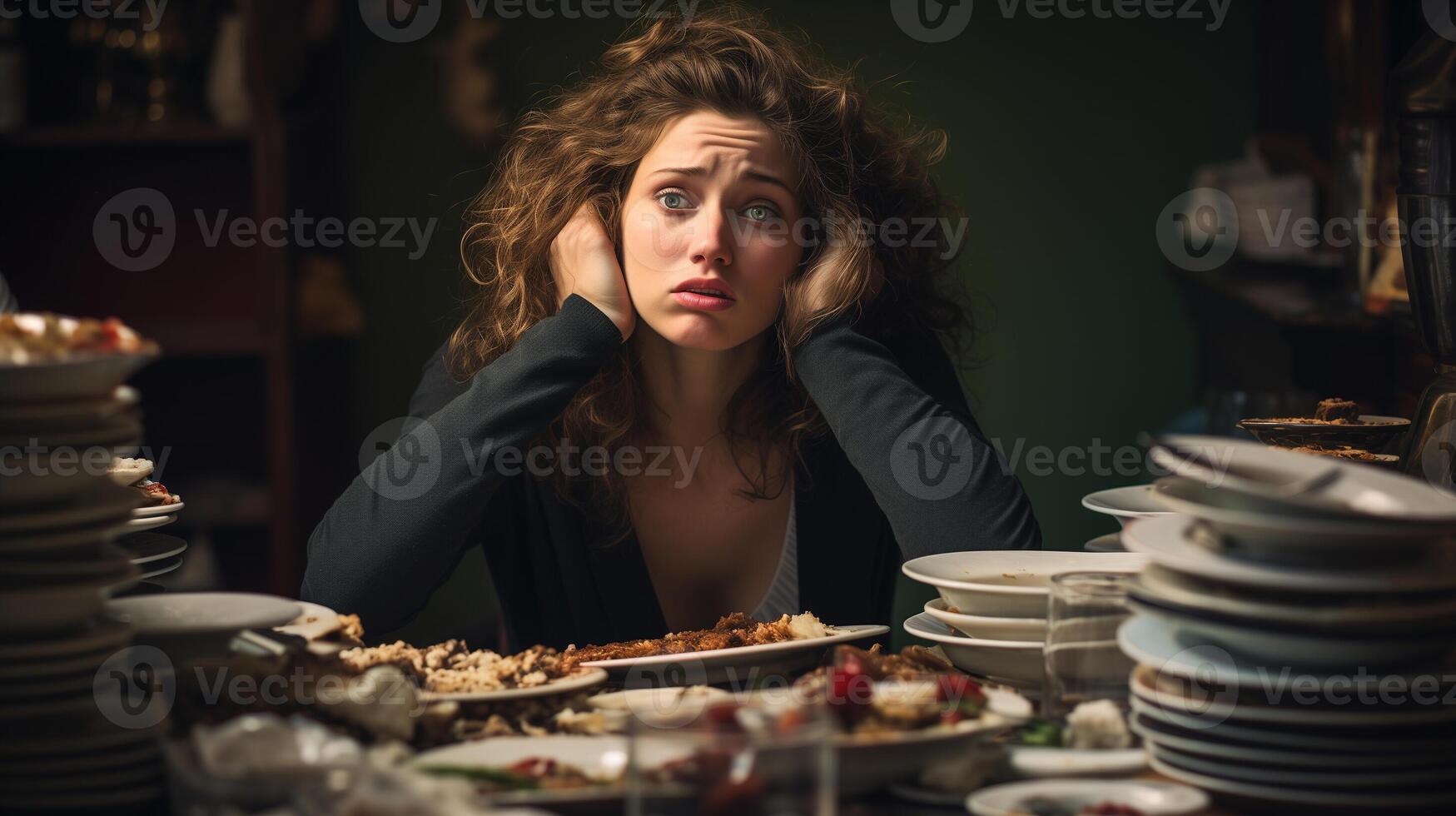 AI generated Overwhelmed young woman at table with stacked dirty dishes. Stress and household chores concept. Design for articles, blogs. photo