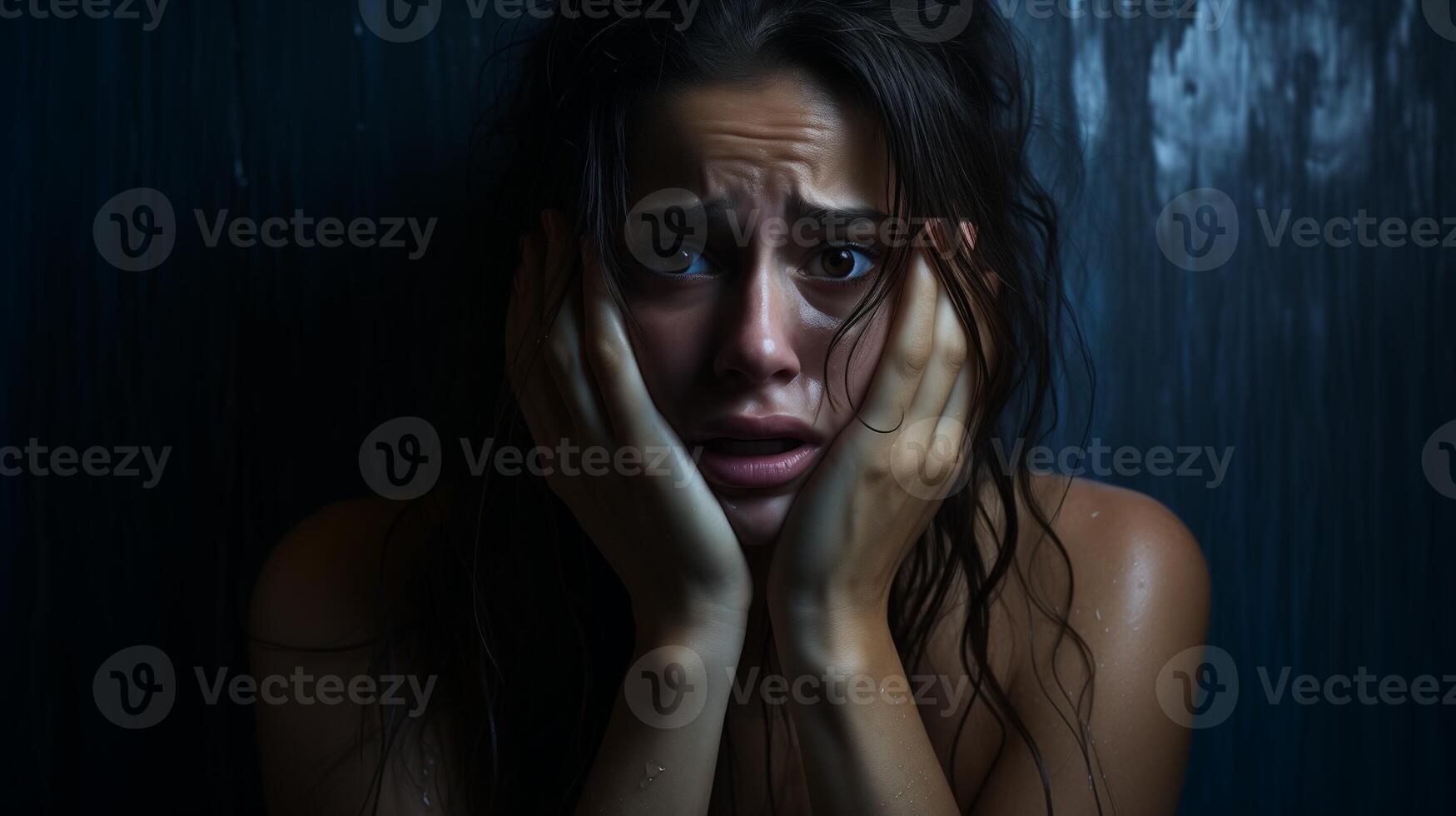 AI generated Young woman in despair with tearful eyes and hands on her face against a dark background. Concept of emotional turmoil and mental health. photo