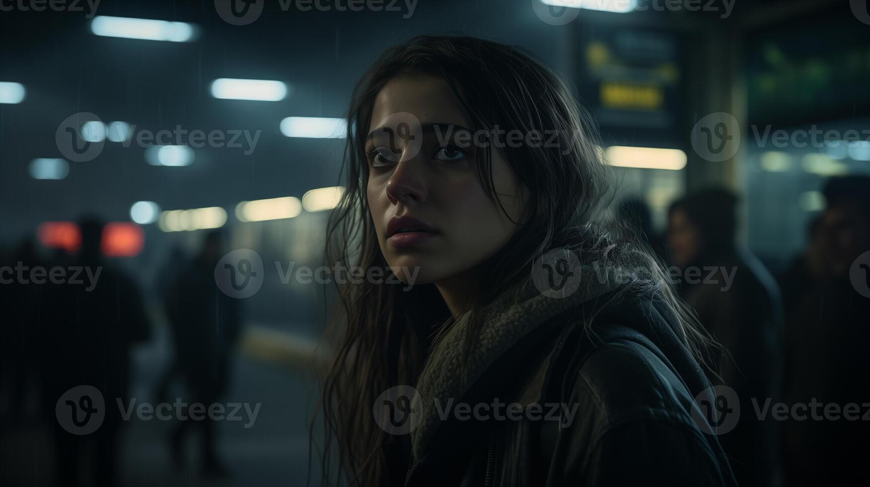 AI generated Pensive young woman at bus stop in rainy night. Urban loneliness and contemplation theme. Cinematic cityscape portrait. Design for book cover, atmospheric poster. photo