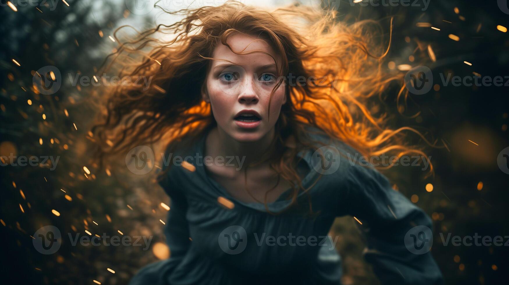 AI generated Startled woman running through forest with dynamic hair movement. Intense emotional and action concept for film poster, book cover design. photo