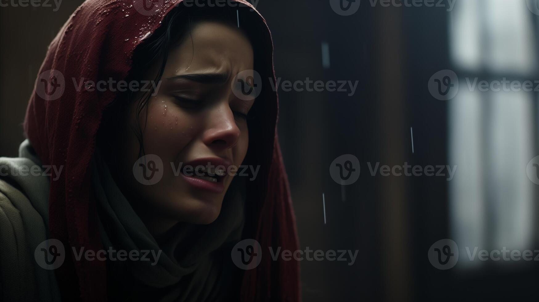 AI generated Crying woman with red headscarf in rain. Emotional pain expression. Cinematic female portrait with somber mood. Design for storytelling, film poster. photo