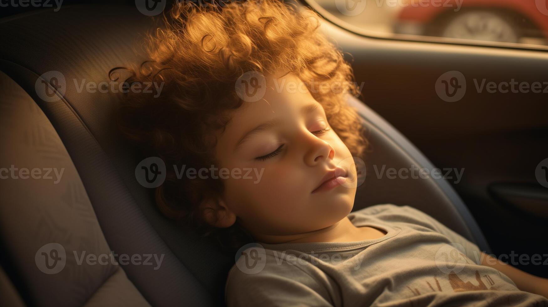 AI generated Child Asleep in Car Seat at Sunset. photo