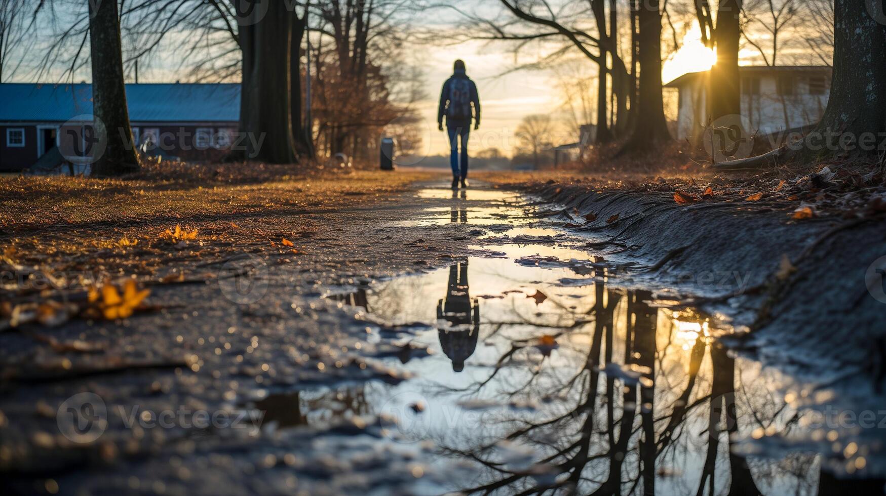 ai generado solitario hombre caminando lejos en un país la carretera a atardecer, reflexivo charcos y arboles soledad, pacífico escapar escena. foto