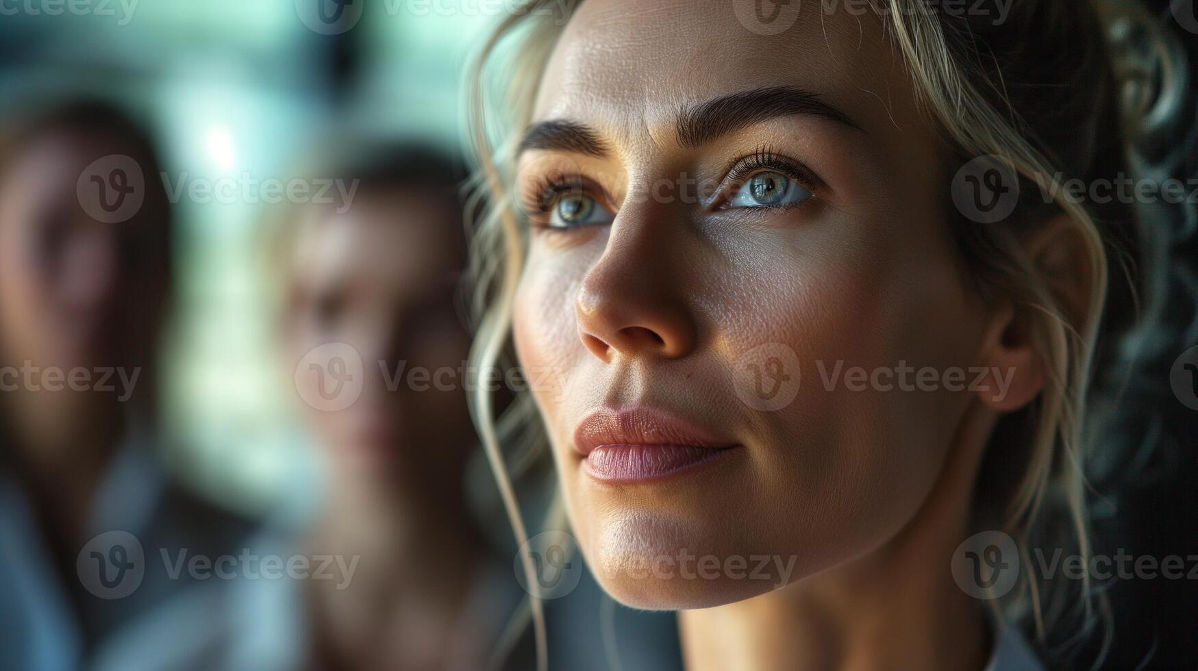 AI generated Reflective businesswoman with a thoughtful expression. Corporate decision-making and strategy planning concept for leadership, analysis, and problem-solving. photo