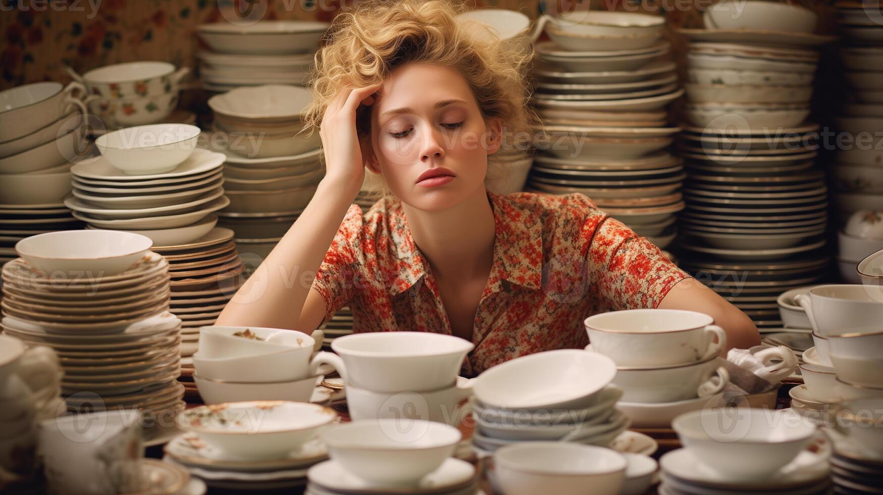 AI generated Exhausted woman surrounded by teacups and plates. Domestic life and stress concept. Design for social issue articles, health and wellbeing blogs. photo