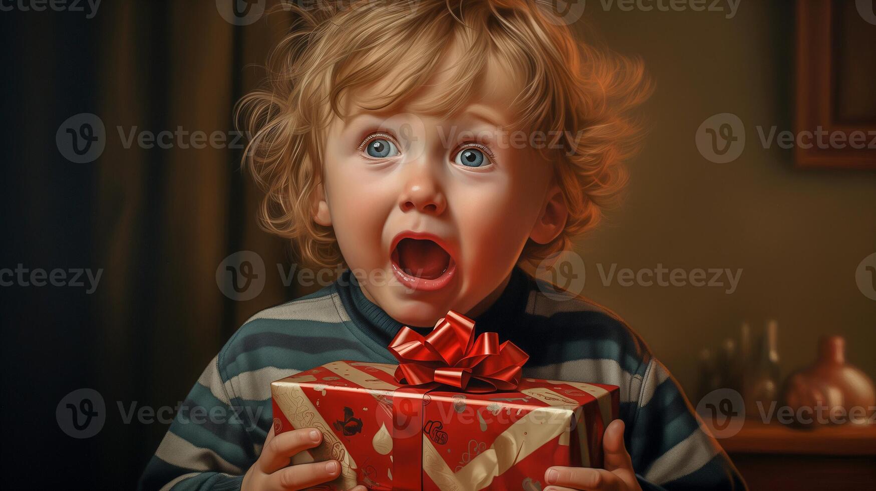 AI generated Young child with wide eyes holding a gift, expression of surprise and joy. photo