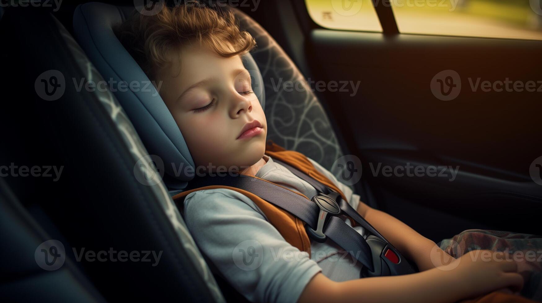 AI generated Sleeping child in car seat. Safety and care in travel concept. photo