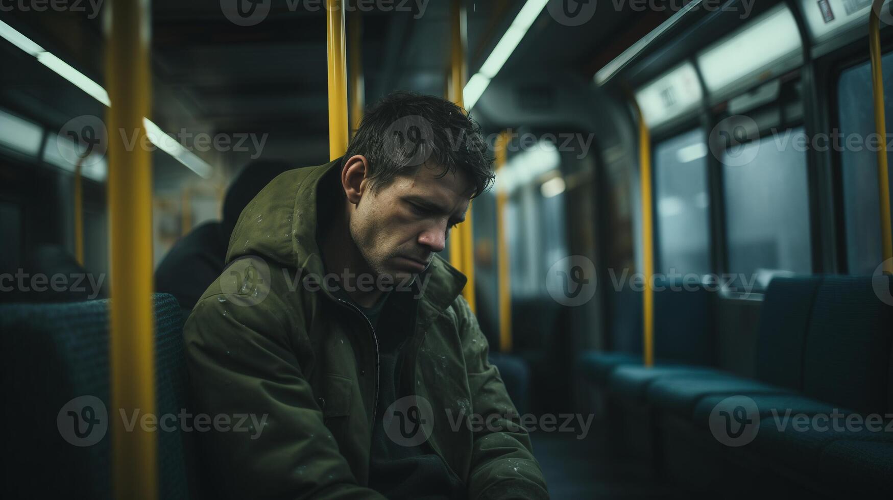 AI generated Exhausted man sleeping in an empty subway car, late night travel. Tired, solitude, urban commuting scene. photo