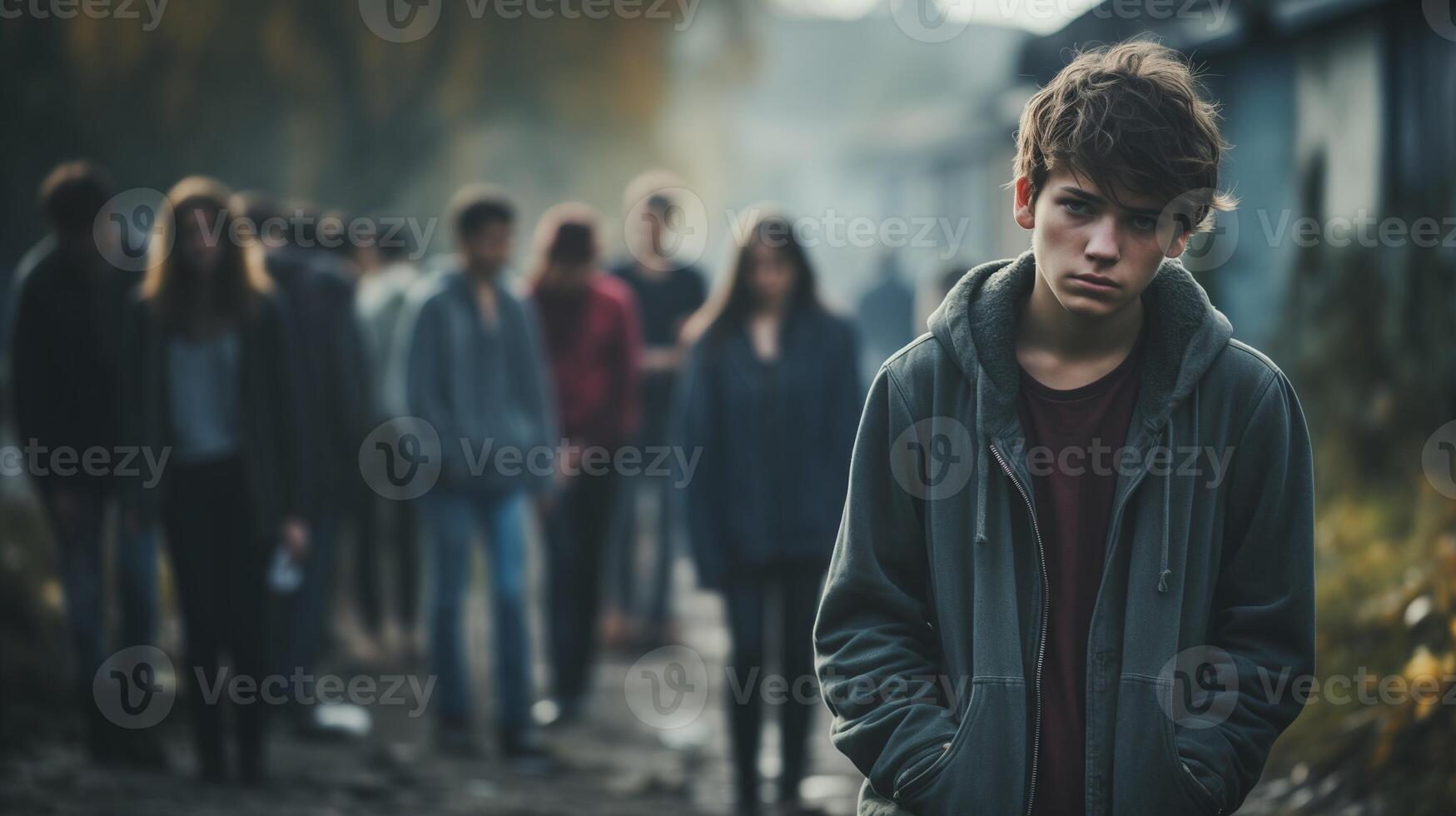 AI generated Cyberbullying Teenage boy with a somber expression standing apart from a crowd on a foggy street. Concept of isolation and individuality. photo