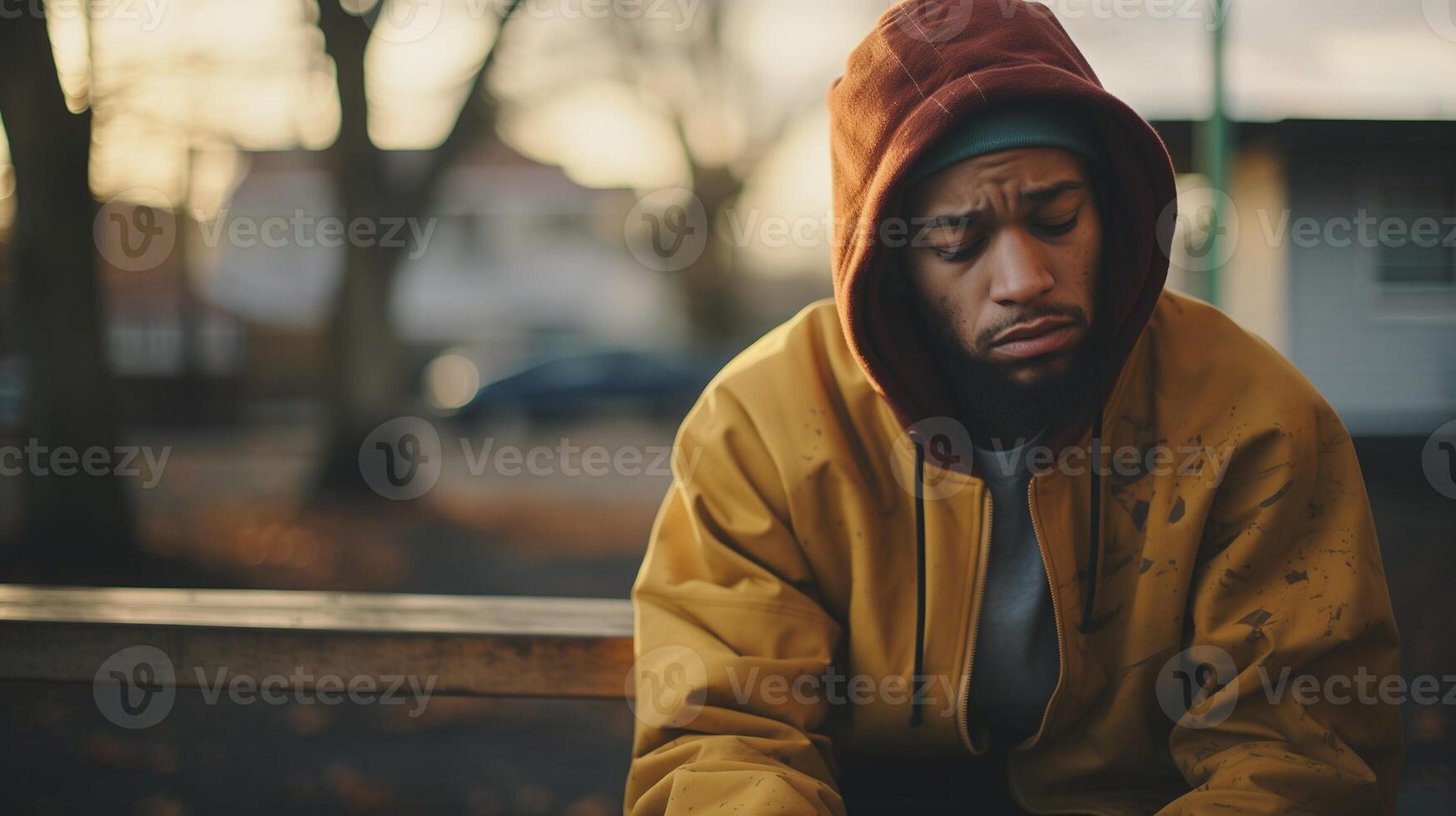AI generated Contemplative man sitting alone on a bench. Solitude and introspection concept for loneliness, depression, and thoughtful reflection. photo