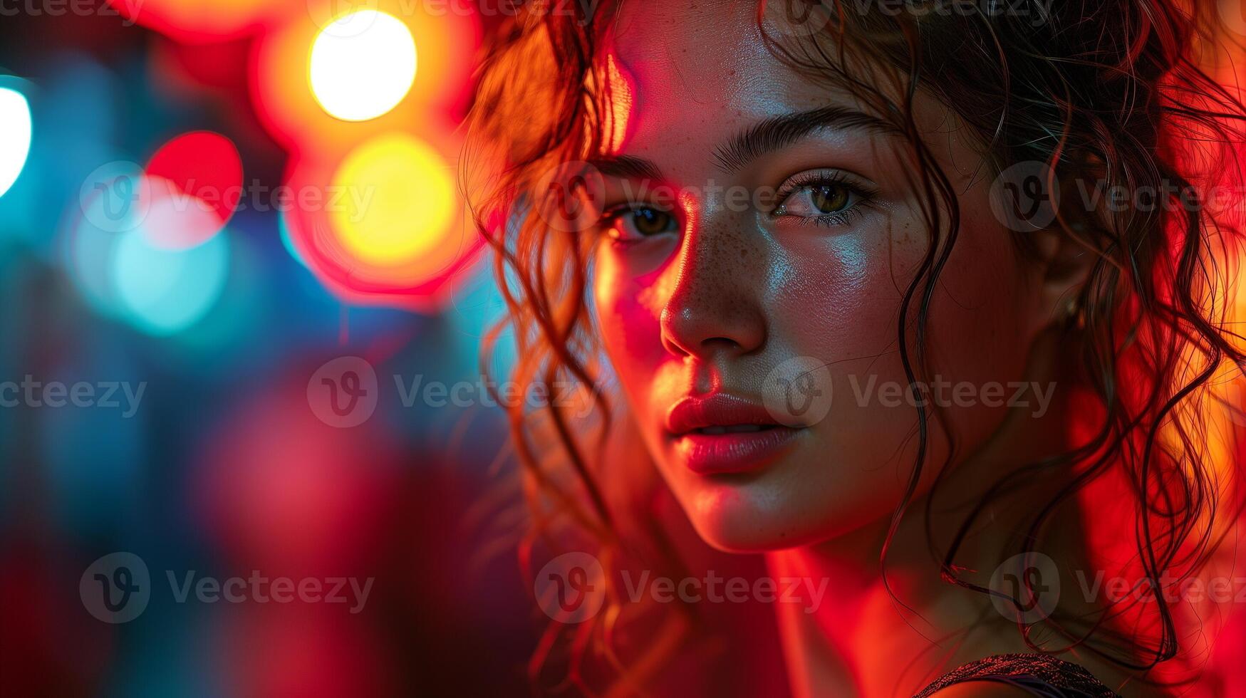 ai generado retrato de un joven mujer con intenso ojos y dramático neón Encendiendo. foto