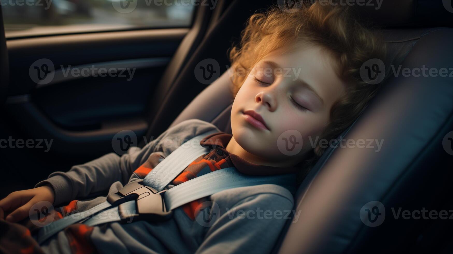 AI generated Sleeping child in car seat. Safety and care in travel concept. photo