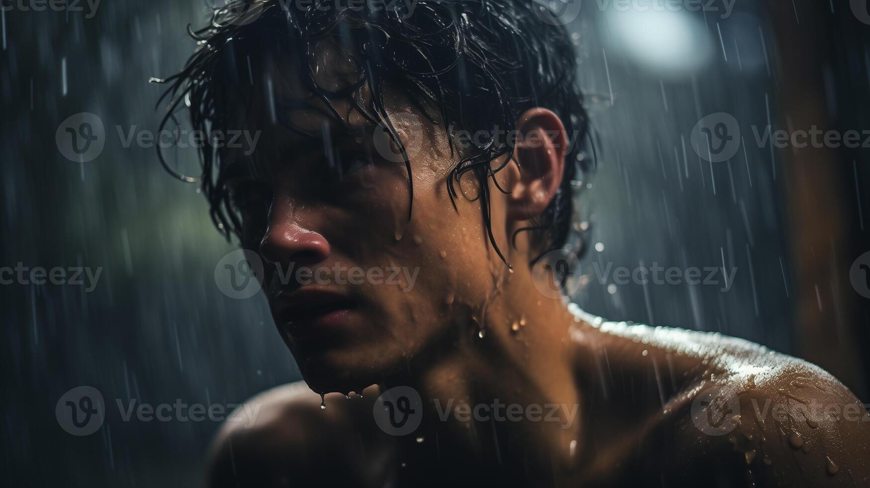 AI generated Drenched individual in reflective contemplation during a heavy rain, symbolizing solitude and emotional depth. photo