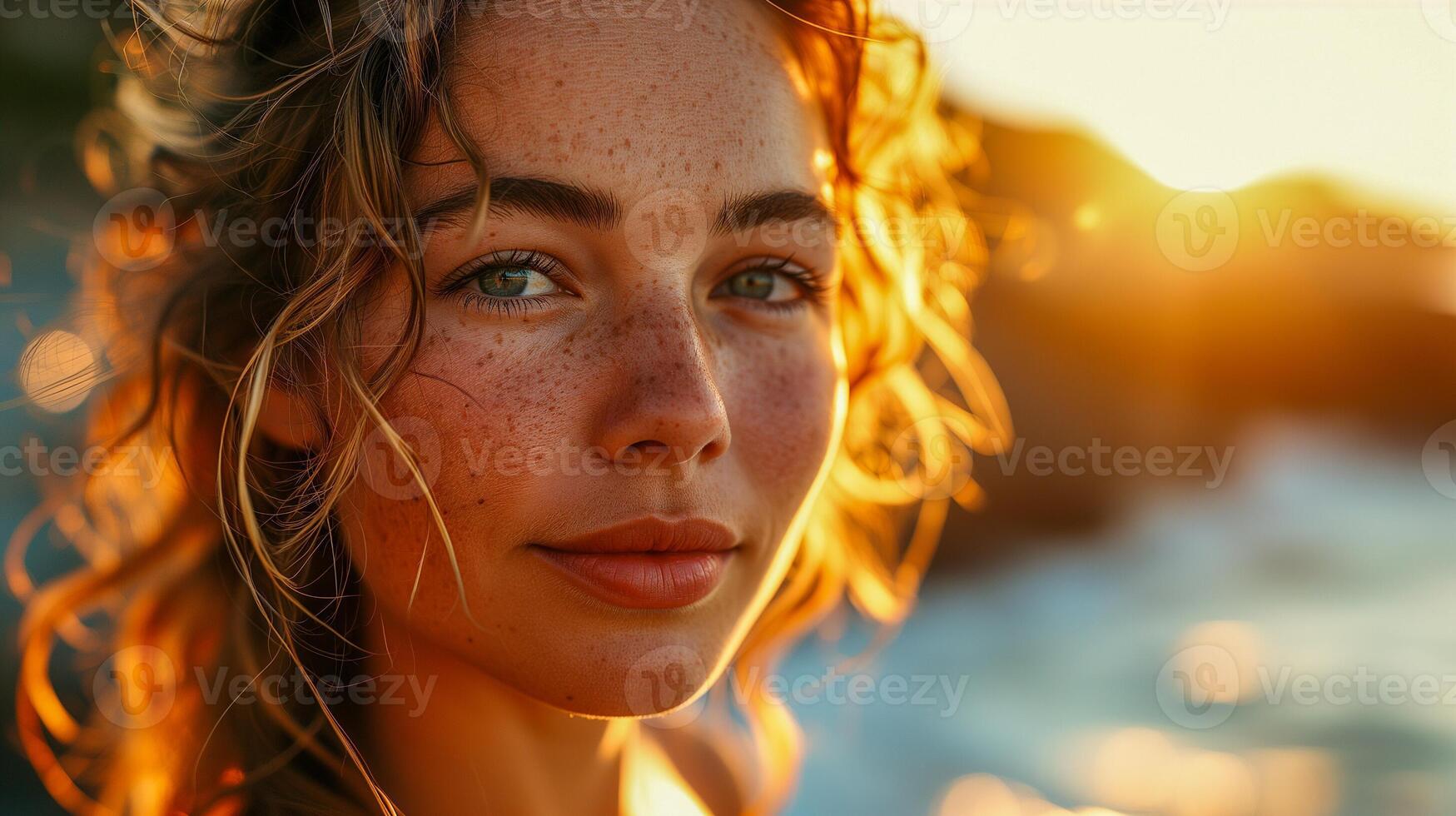 AI generated Close-up portrait of a young woman with freckles at sunset. Golden hour photography for lifestyle design and print with sunlight and bokeh effect. photo