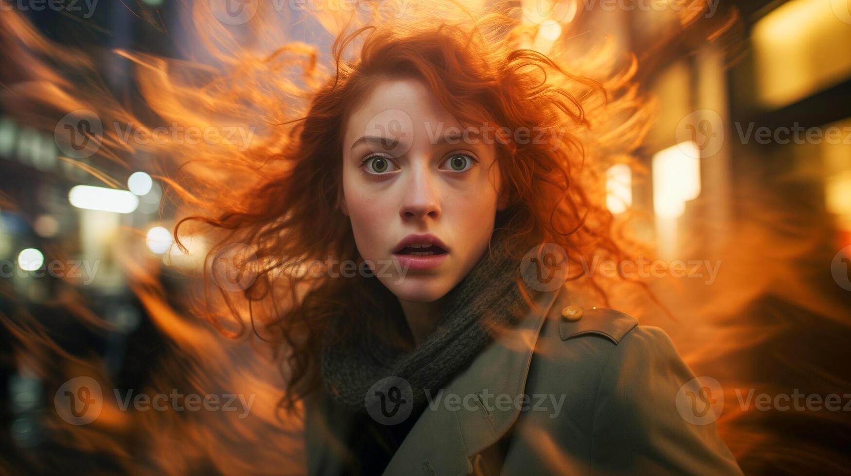 AI generated Anxious Shocked woman with flowing hair and dynamic blue light trails on a dark background. High-energy, expressive portrait. photo