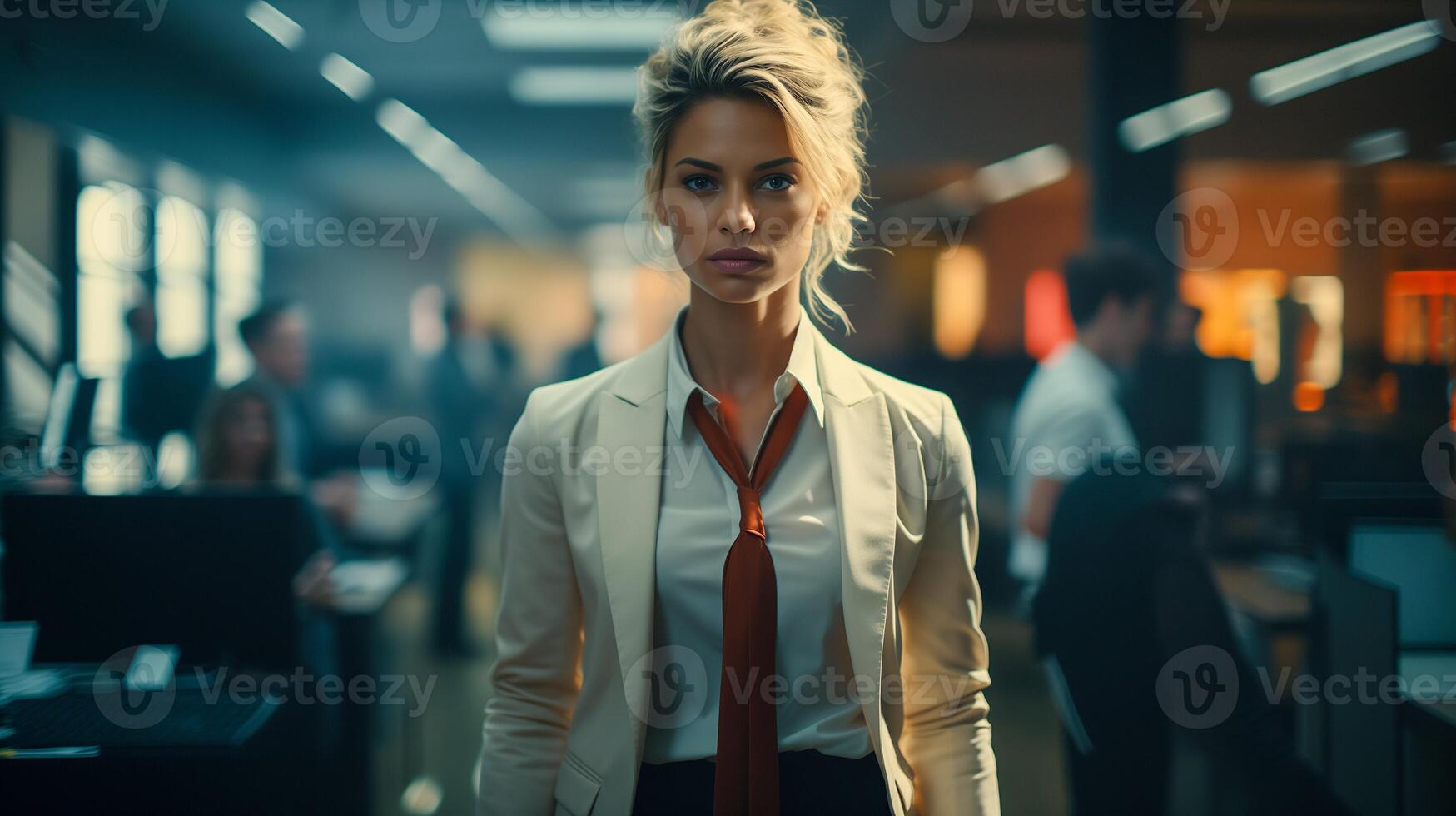 AI generated Focused female executive standing in the office. Corporate environment and career ambition concept for workplace, professional development, and leadership. photo