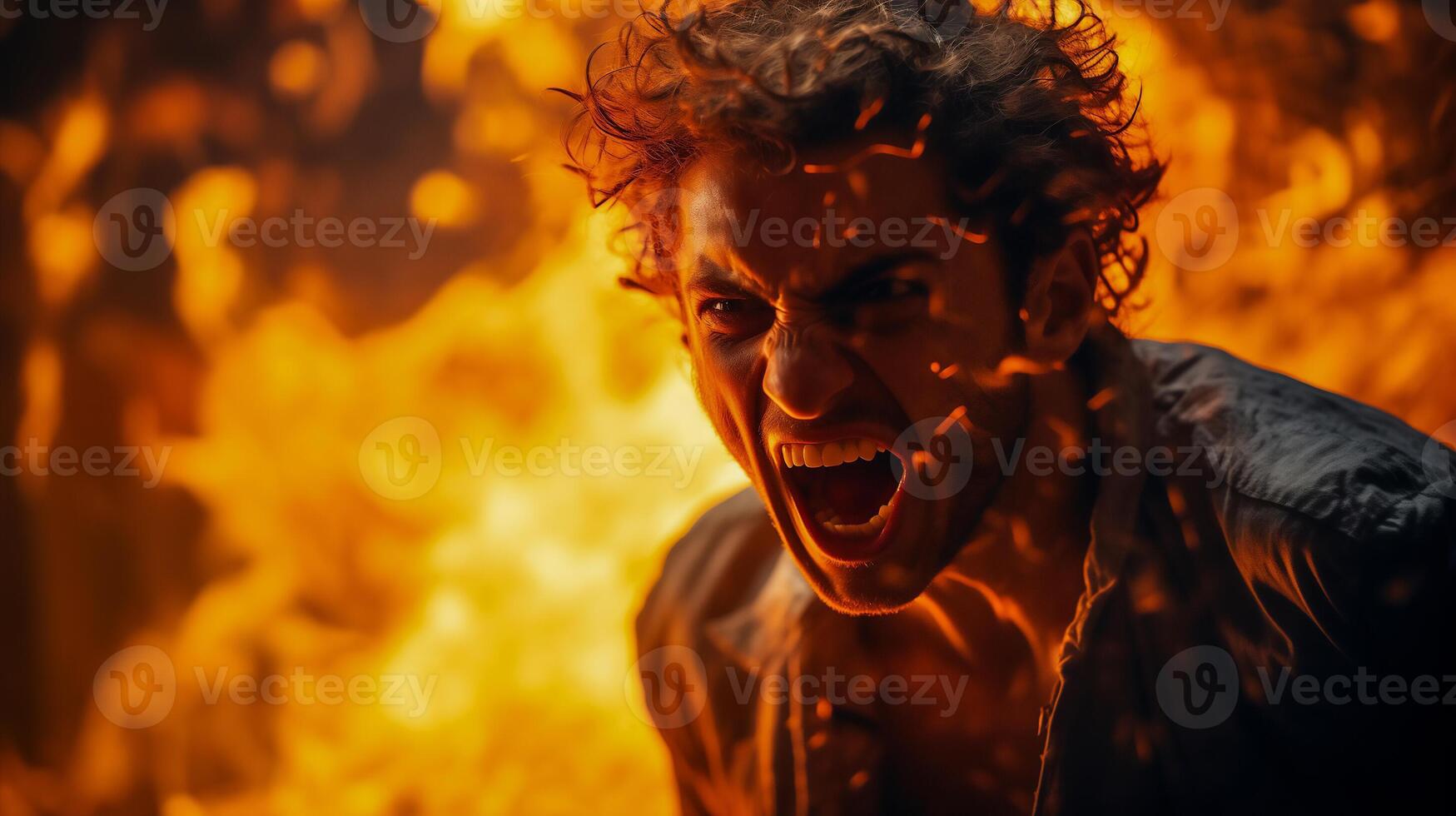 AI generated Man yelling with extreme rage, intense fire and sparks in the background. High-energy, powerful dramatic portrait. photo