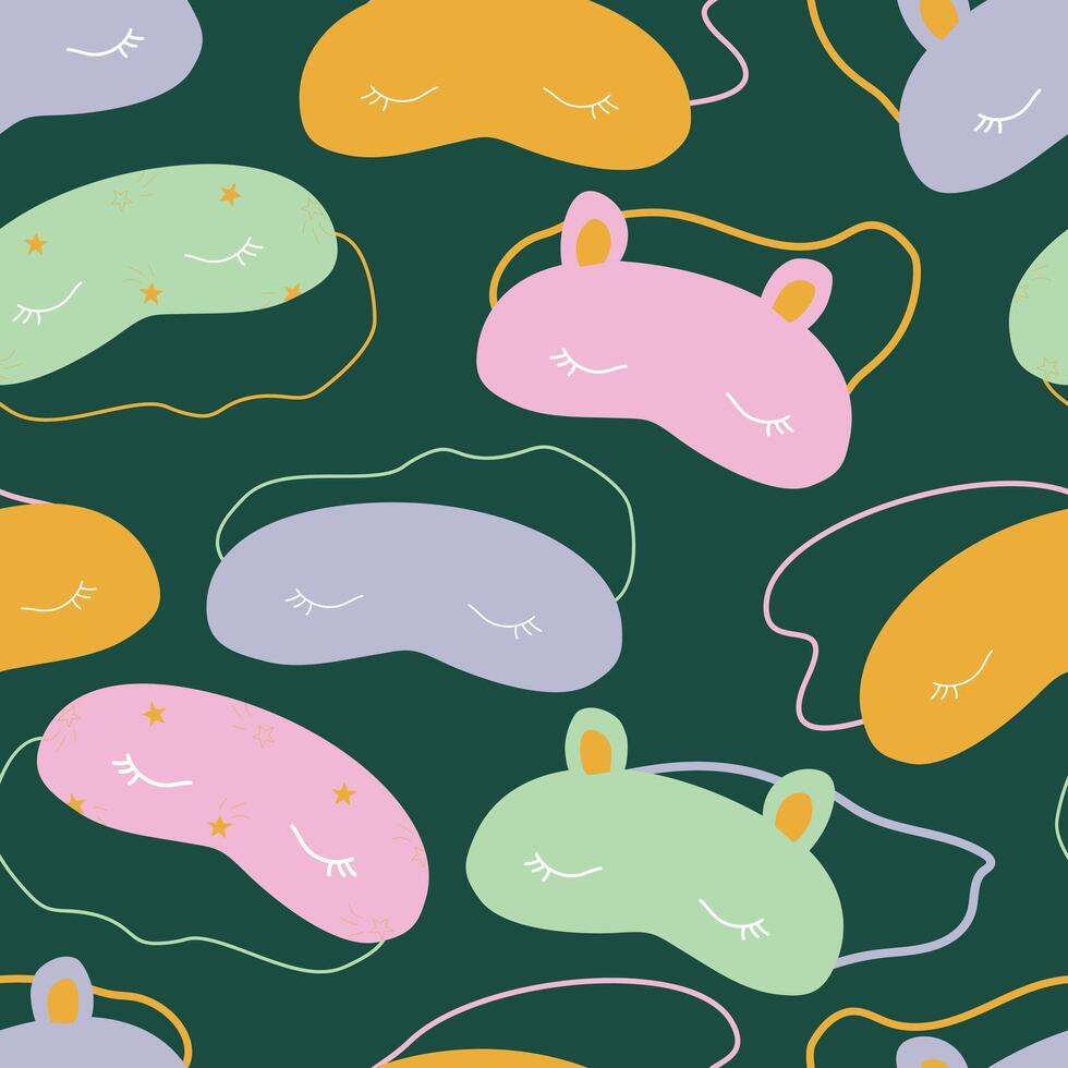 Seamless pattern with cozy sleeping masks with eyes and animal ears. Vector print with sleep masks
