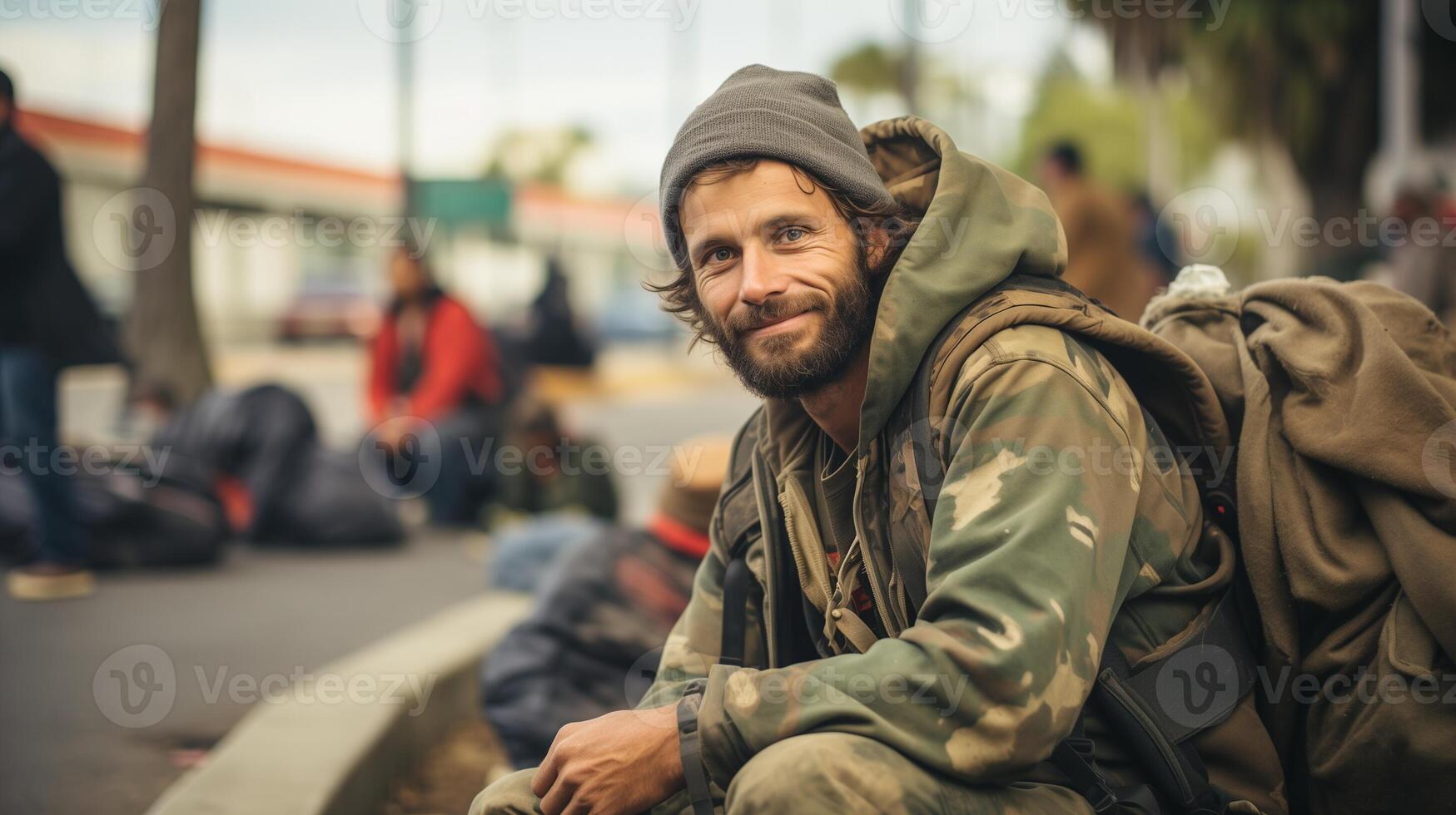 AI generated Hopeful man in a transient moment. Street life and resilience concept for urban survival, hope, and human spirit. photo