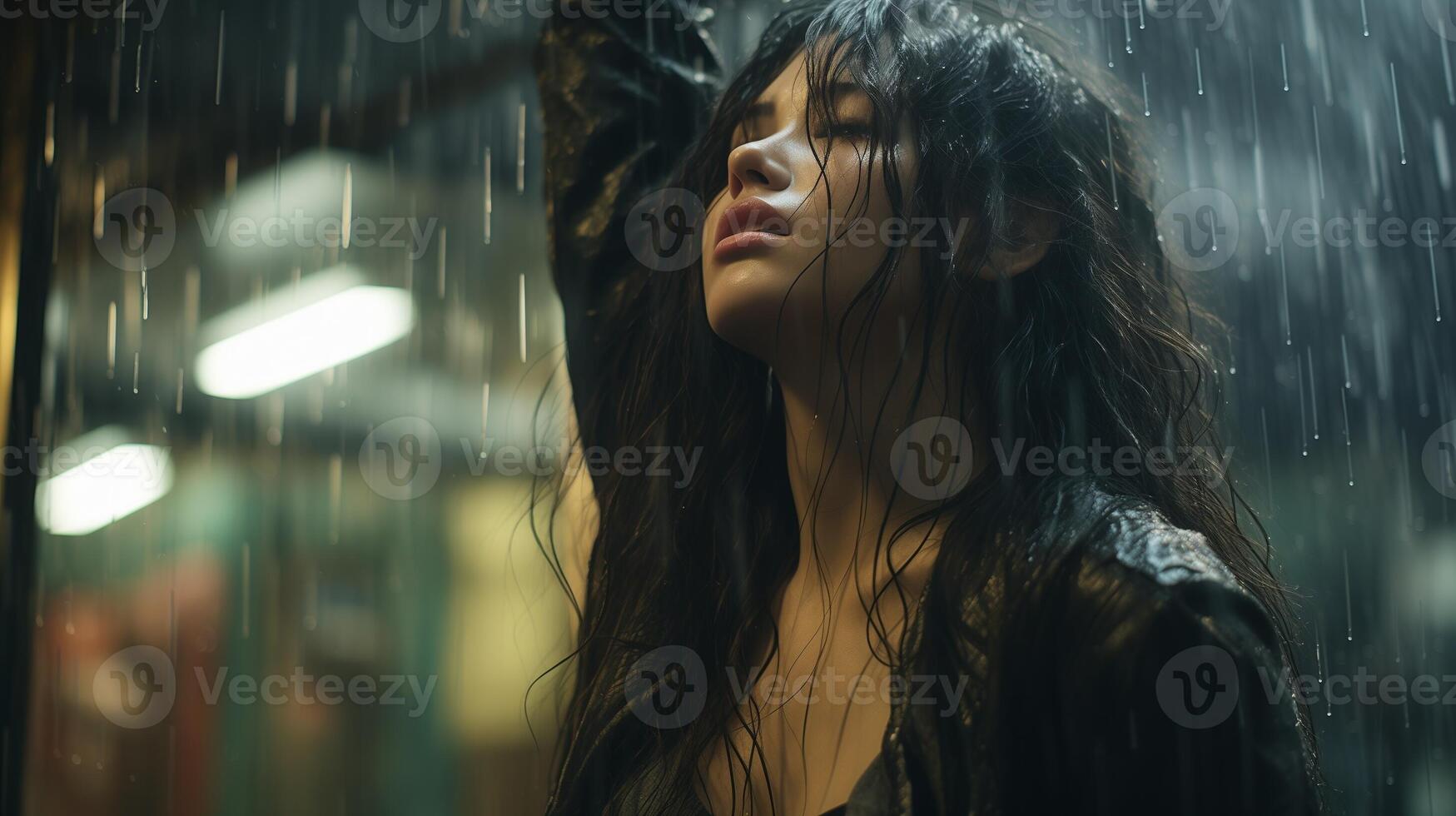 AI generated A solitary woman stands in the pouring rain, embodying a poignant narrative of introspection and resilience. photo