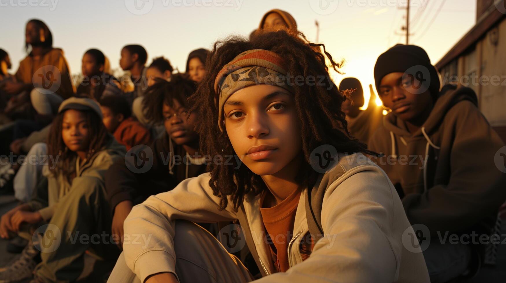 AI generated Sunset illuminating a group of young people, showcasing diversity and unity in an urban landscape. photo