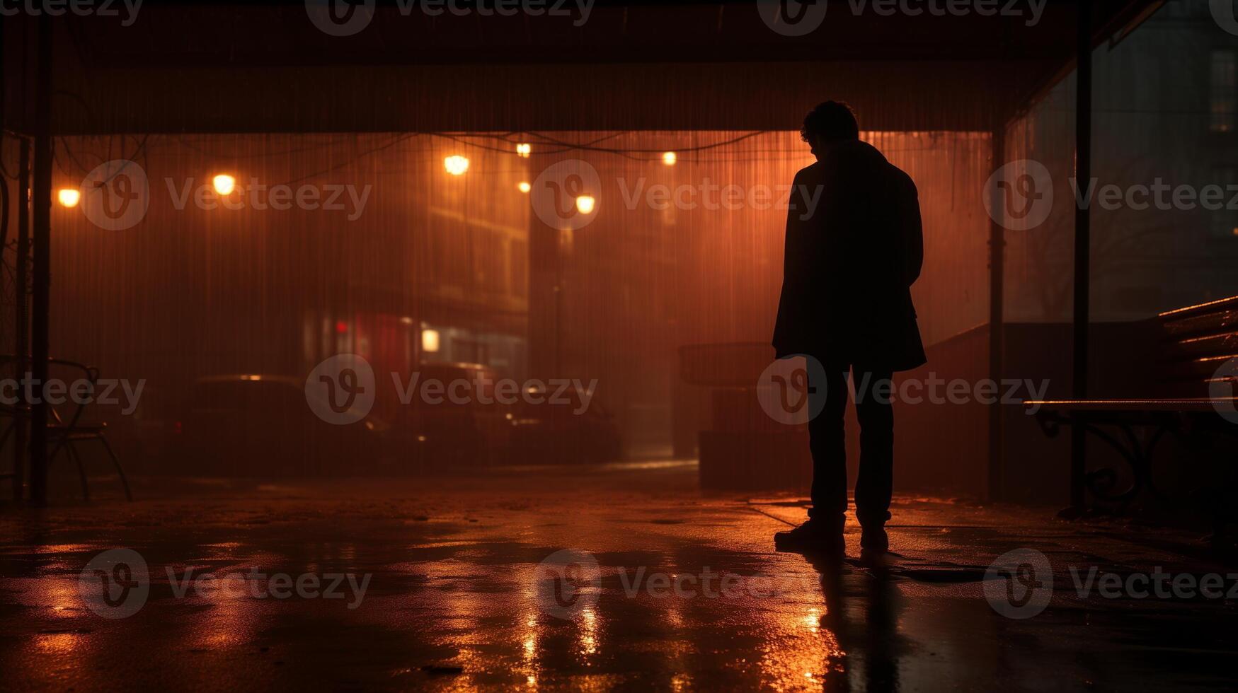 AI generated Visual metaphor for regret. Silhouetted figure standing alone on a rainy night illuminated by city lights, evoking solitude in an urban setting. photo