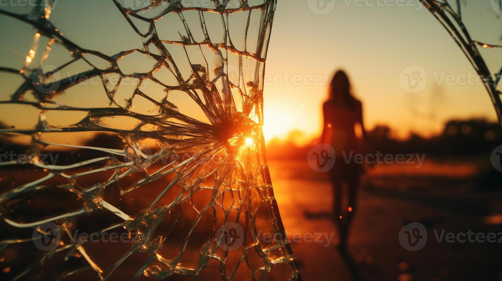 AI generated Broken Relationship concept. Broken glass in the foreground with the warm glow of sunset and a woman's silhouette. Hope amidst destruction. photo
