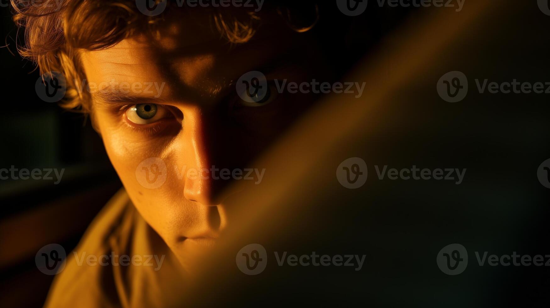 AI generated Close-up of a young man's face with intense gaze, partially shadowed, creating a mysterious mood. Concept of introspection and hidden emotions. photo